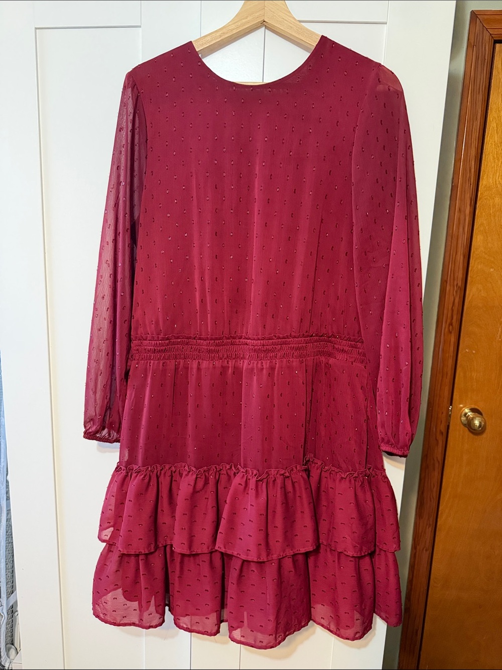 Express Burgundy Long-Sleeve Ruffle Tiered Dress